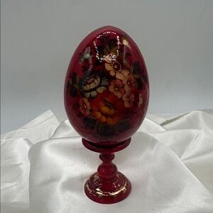 Russian Floral Painted Red Decorative Egg and stand